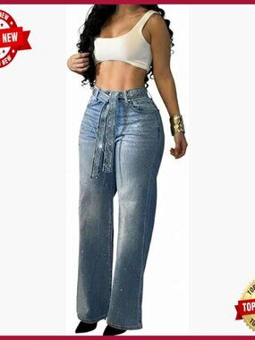 High Waisted Wide Leg Jeans with Rhinestone Embellishments and Sparkle Belt
